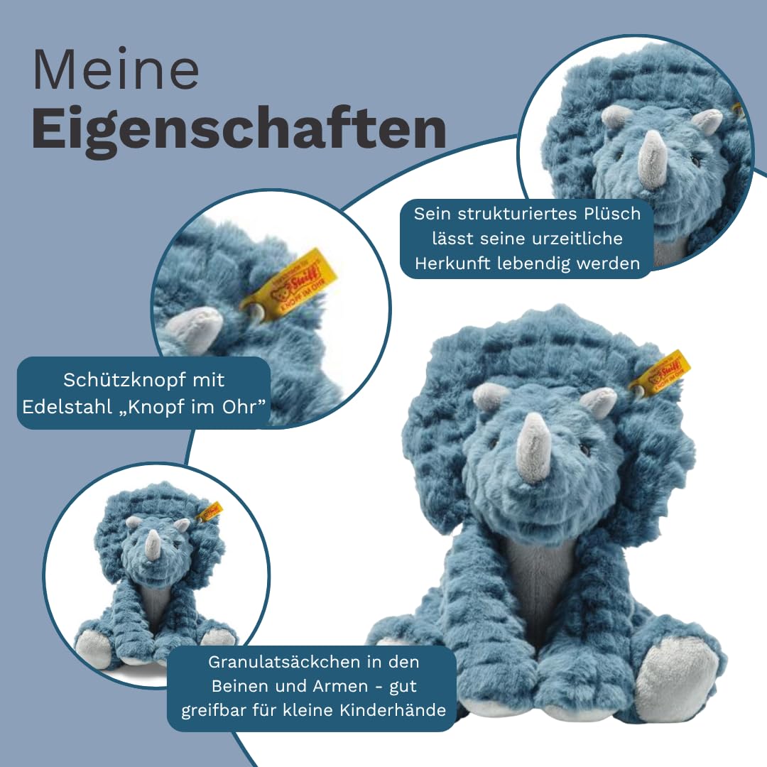 Steiff Dixi Triceratops Dinosaur Plush Stuffed Animal Toy Friend, Blue, 11" - Image 4
