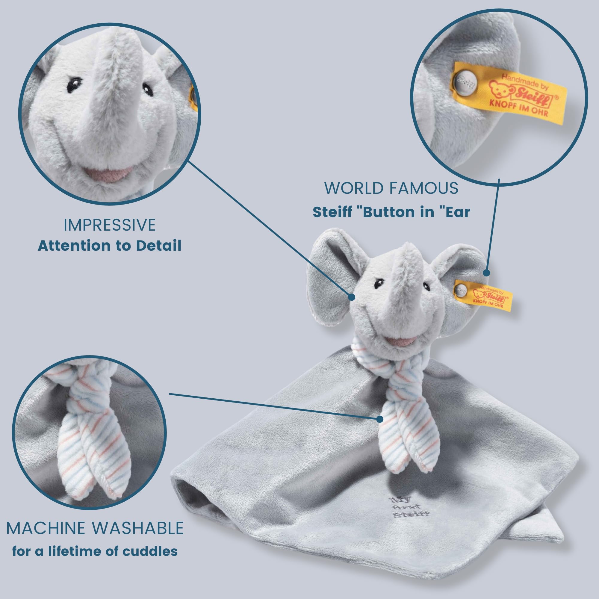 Steiff Handcrafted Since 1880 Premium Plush My First Steiff Lovey Security Blanket - 10" Ellie Elephant - Image 4